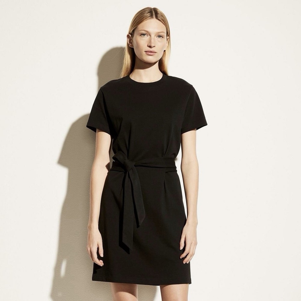 Vince Black Short Sleeve Tie Waist Dress Size XS Cotton Casual Neutral Crew Neck